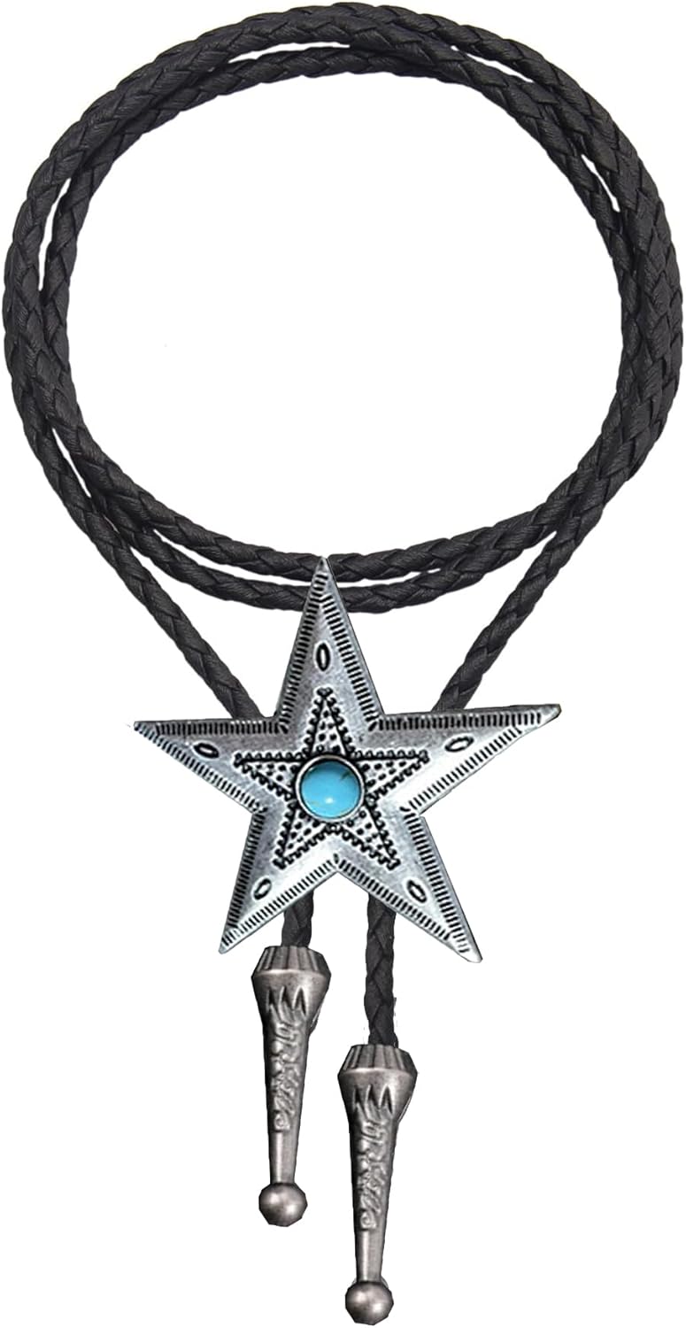 UTOWO Men's Western-Bolo-Tie Blue-Turquoise Concho-Bolo-Tie American-Cowboy-Tie Adjustable Leather Rope 39" for Unisex One Size - Image 2